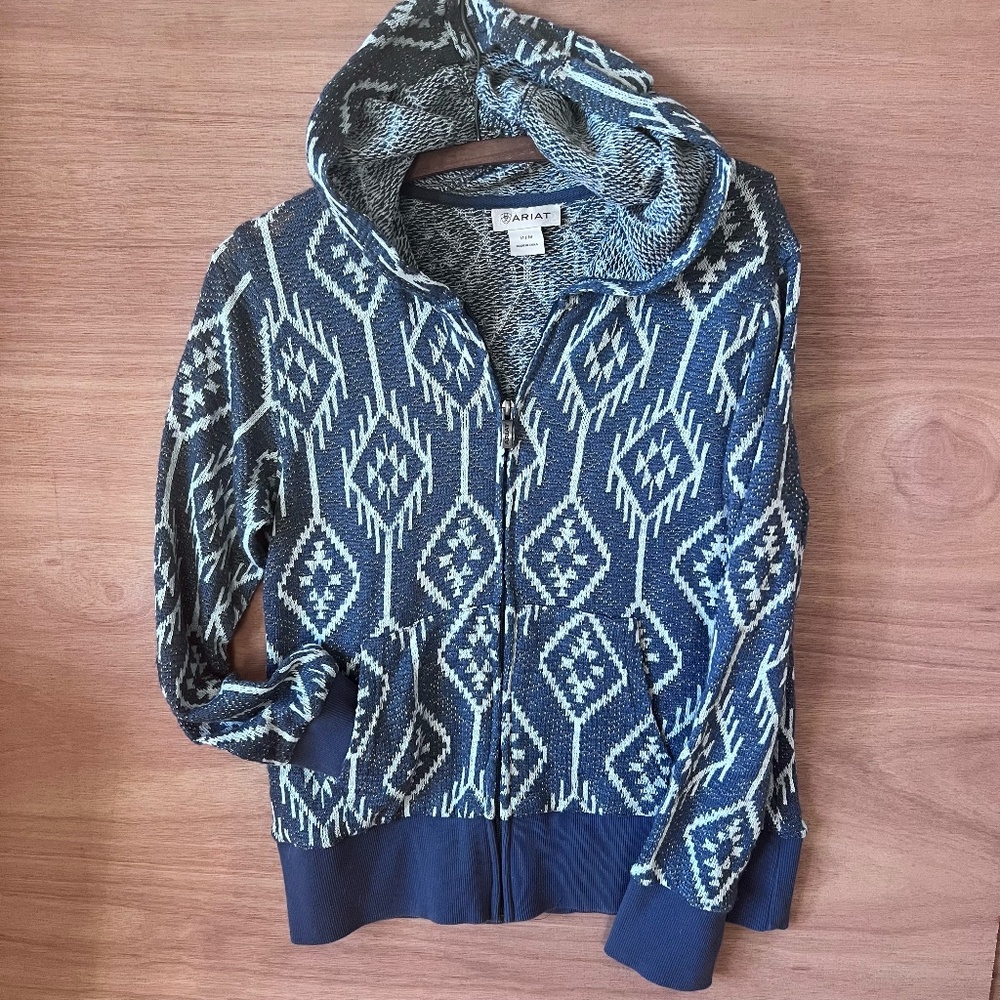 ARIAT women's zip up hoodie size M medium knit sweater aztec ribbed blue